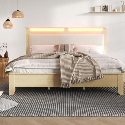 Doppelbett Holzbett 160×200cm, mit Stauraum, Beigefarbener Cordpolster-Rückenlehne, Bettrahmen mit Holzlatten, Heller Eiche(Ohne Matratze&Bettbank) (160x200cm)