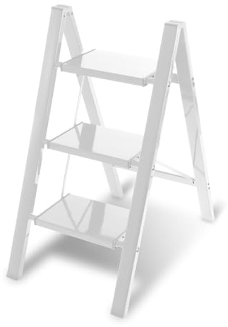 Eikuavons stegstege, hushållsstege hopfällbar i 3 steg, hopfällbar stege, stående stege, aluminium, stegpall, halkfri stege med vikskydd, vikbar stege för, lastbar upp till 150 kg, vit