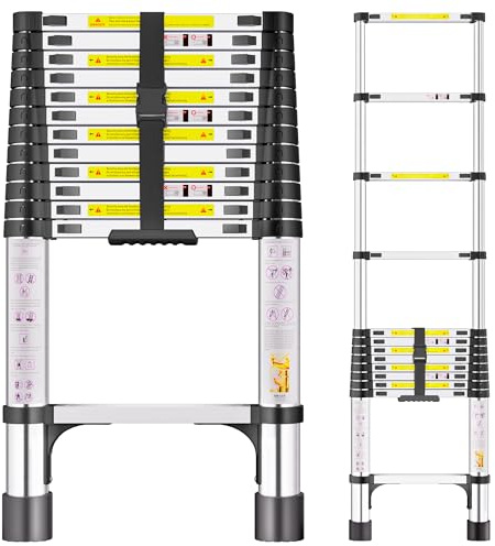 Scala Telescopica in Acciaio Inox 3,8m Scala Estensibile Portatile con Piedini Antiscivolo, Scale Allungabile per Soffitta, Coperture, Camper, Decorazione e Manutenzione