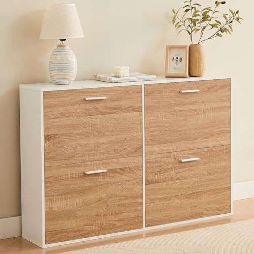 CASABEL Zapatero 4 Abatibles, Mueble Zapatero Entrada Madera & Blanco, Diseño Moderno, Gran Capacidad 24 Pares, Mueble de Almacenaje para Pasillo, Entrada, Salón, L114xF24xH83 cm