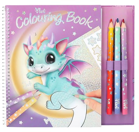 Depesche 13797 Ylvi Lucky Dragon Colouring Book with 25 Pre-Printed Pages for Colouring and Stickers, Includes Colouring Pencils, Sticker Sheet and Stencil