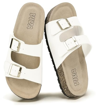 VIVASHOES Women’s Double Buckle Cork Footbed Sandals - Adjustable Flat Slide Sandals for Ladies - Comfortable Open Toe Summer Slippers - White UK 6