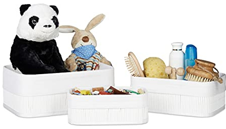 Relaxdays Aufbewahrungskorb 3er Set, Stoffbezug, Bambus, rechteckig, Bad, Accessoires, Spielzeug, Allzweckkorb, weiß, 20 x 30 x 13 cm
