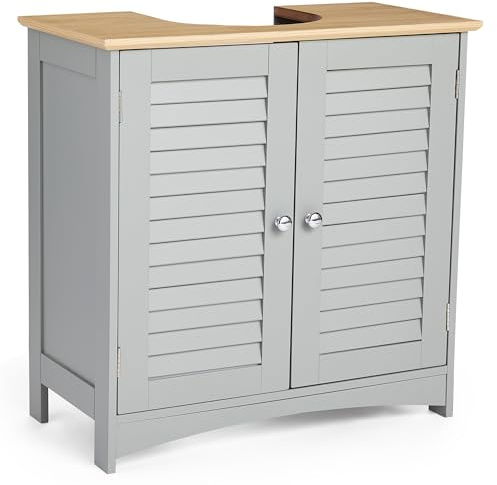 VonHaus Under Sink Bathroom Cabinet – Grey Under Sink Storage for Bathroom with Wood Effect Top - Below Basin Cabinet with 2 Internal Shelves & Shutter Style Doors – Basin Cupboard – Shrewsbury