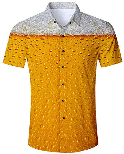 ALISISTER Tropical Hawaiian Shirt Orange 3D Funky Vacation Shirts Button Down T-Shirts Aloha Blouse Short Sleeved T-Shirt Summer Party Beach Suit for Men, A3-beer, XXL