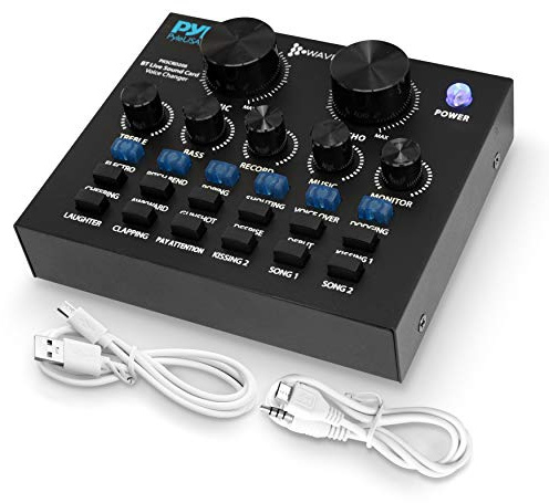 Pyle PKSCRD208 Bluetooth Mini Audio Interface Podcast Mixer Sound Card - Live Streaming for PC Computer iPhone Broadcasting | Voice Changer V8 with 12 Sound Effects,3 Inputs, Mic Input