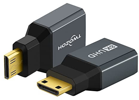 Twozoh 8K Mini HDMI Adapter (2 Stück), 2.1 Mini HDMI Stecker auf Standard HDMI Buchse Adapter Konverter, unterstützt 8K@60Hz, 4K@120Hz, 2K@240Hz