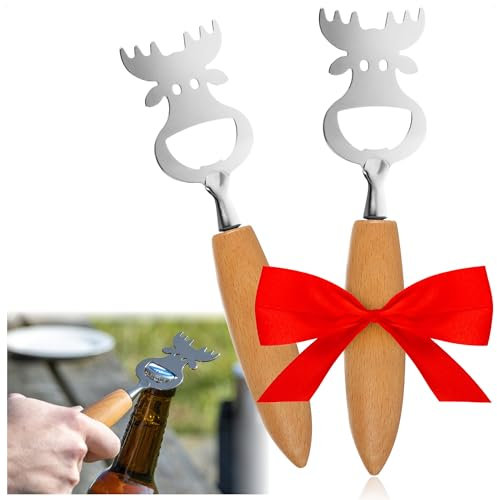 com-four® 2x Flaschenöffner aus rostfreiem Edelstahl mit ergonomischem Buchenholz-Griff - Kapselheber im Elchkopf Design (02 Stück - Holz. Edelstahl)