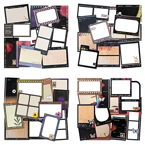 Mayplous 4er Pack Filmstreifen Scrapbook Papier – Vintage Dekor Kraftpapier mit Retro Memo & Beschreibbaren Tags, Einseitige Starke Bögen für Kartenbasteln, Basteln, Collage & Geschenkdeko (Classic)