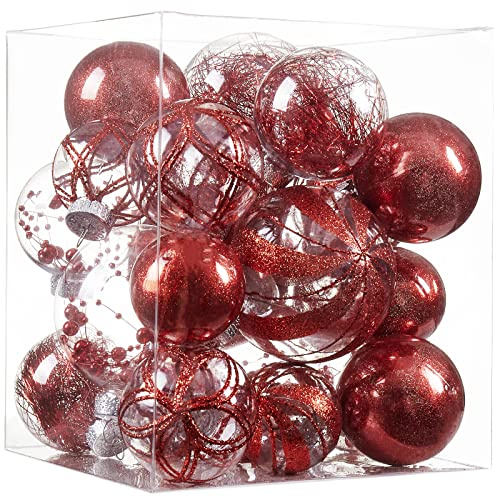 Clear Christmas Ball Ornaments,24ct Shatterproof Plastic Decorative Christmas Ornaments Hanging Xmas Tree Baubles Set with Stuffed Delicate Glittering Decorations for Holiday Party Home Decor (Red)