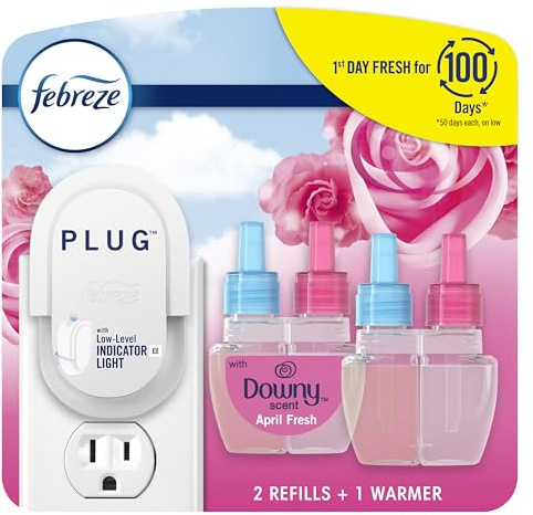 Febreze Plug-In Air Freshener, Odor-Fighting Scented Oil Starter Kit, Air Fresheners for Home and Bathroom and Kitchen, Long Lasting for Strong Odors, Downy April Fresh Scent, Warmer + 2 Refill