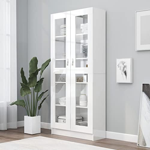 Festnight Vitrinenschrank Bücherschrank Mit Glastüren Aktenschrank Glastür Glasvitrine Stehend Vitrine Schrank Hochglanz-Weiß 82,5x30,5x185,5 cm Holzwerkstoff