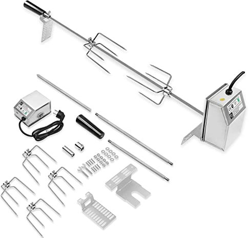 SUBTLETY 107cm BBQ Grillspieß Rotisserie Edelstahl Drehspieß Set inkl. 220V - 240V Elektrischer Motor, 4 Fleischnadeln & Griff Gasgrill Fleischklammer Grilldrehspieße für Camping Picknik