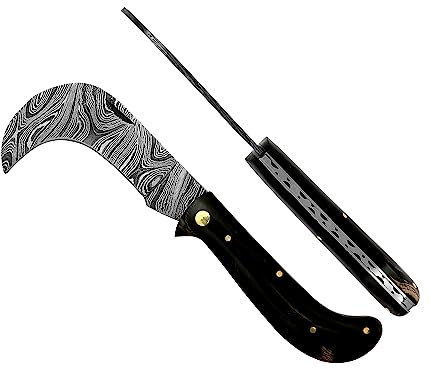 laguiole artisan Serpette Damas Élégance 10 cm Fermée, Taille idéale - Poignée d'os en buffalo d'eau noire avec miters en laiton