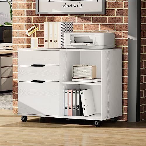 3-Schublade-Holz-Aktenschrank mit Rad, mobiler Kasten-Aufbewahrungsschrank, Druckerstand mit Speicherregalen für Home Office, Weiß