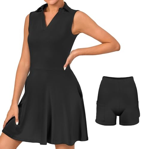 Bezioner Vestito Tennis Donna Vestito Polo con Pantaloncini Abiti da Golf con 4 Tasche Senza Maniche Linea ad A Abito Sportivo Nero L
