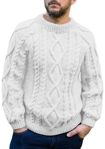 Runcati - Maglione da uomo in lana a maniche lunghe, girocollo, invernale, caldo, pullover vintage a tinta unita, vestibilità regolare, bianco, M