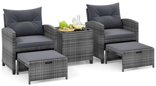 COSTWAY 5-Piece Rattan Garden Furniture Set, Patio Conversation Set with 2 Chairs, 2 Stools, Glass Top Coffee Table and Thick Cushions, Balcony Wicker Weave Outdoor Sofa Seating (Grey+Mix Grey)
