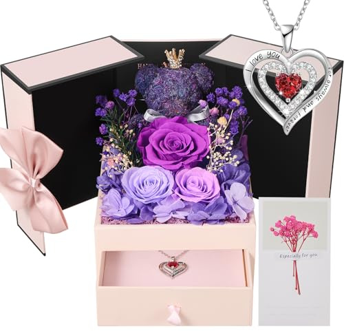 Rosa Eterna Regalo Donna, Rosa Stabilizzata con Collana e Orso di Muschio, Preservada Fiori Confezione Regalo per la Festa Della Mamma, Natale, Compleanno, San Valentino per Fidanzata,Moglie,Nonna