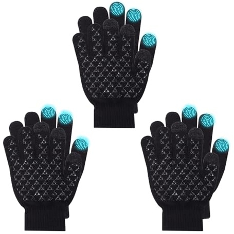 Fjquamitix 3 Pairs Kids Winter Sports Gloves Soft Warm Non-slip Gloves Thermal Touch Screen Glove for Children Outdoor Skiing Football Running Ages 5-8 (3xBlack)