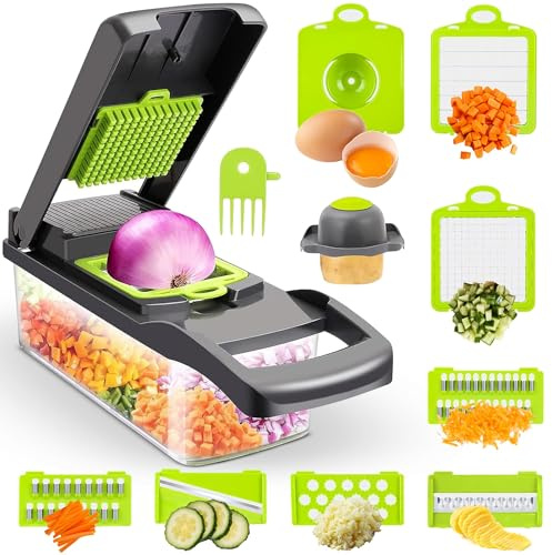 Picador multifuncional de verduras y frutas 15 en 1, rebanada, dados y más para ensaladas, etc., negro y verde