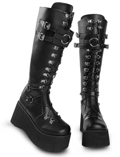 Gothniero Botas de plataforma negra hasta la rodilla Botas góticas de mujer Botas de combate para mujer Botas de moto Rave Zapatos góticos ligeros y cómodos con talla de encaje 35-43