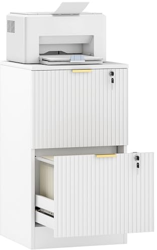 HOMCOM 2 Drawer Filing Cabinet, Fluted Vertical File Cabinet with Lock and Adjustable Hanging Rails for A4 and Letter Size Files, Printer Stand with Storage, White