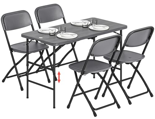 Outsunny Set Tavolo e Sedie da Giardino Pieghevoli 5 Pezzi, Set da Pranzo HDPE con Tavolo Regolabile in Altezza Piano Effetto Legno, 4 Sedie, Set Mobili da Giardino per Terrazza Balcone, Grigio Scuro