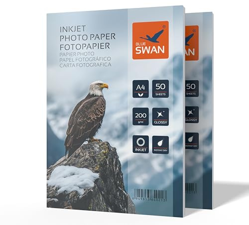 BLUE SWAN A4 fotopapper 200 g/m² 100 ark – Blank yta, vattenavvisande & snabbtorkande – Enkelsidigt belagt, perfekt för foton, affischer, presentationer, certifikat, broschyrer