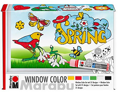 Marabu 040600000127 – fönsterfärg rolig & fin set Spring Time, vattenbaserad transparent färg, för släta ytor, 6 x 25 ml färg, målerifilm och mall med våriga motiv