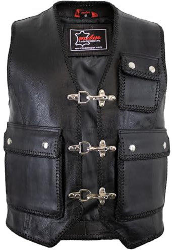 MDM Chaleco de piel con cordeles, chaleco de motorista, chaleco de club, chaleco chopper, motorista, negro, piel de vacuno Negro XXXXL