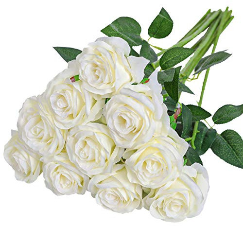 Nubry künstliche Seidenrose Blume einzigen Stiel lebensechte gefälschte Rose für Hochzeit Bouquet Blumenarrangements Home Party Centerpiece Dekoration, 10pcs (Off White)