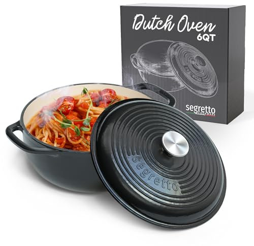 Segretto Cookware Enameled Cast Iron Dutch Oven, 6 Quarts, Black