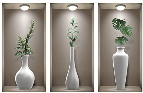 TOARTI 3 Stück 3D Wandaufkleber Vase,Vasen Wandtattoo für Wohnzimmer,Grüne Pflanzen Wandsticker,Vinyl Abnehmbare Weiße Flasche und Grünes Blatt Wandbilder für Schlafzimmer Büro Küche Wanddeko,20×40CM