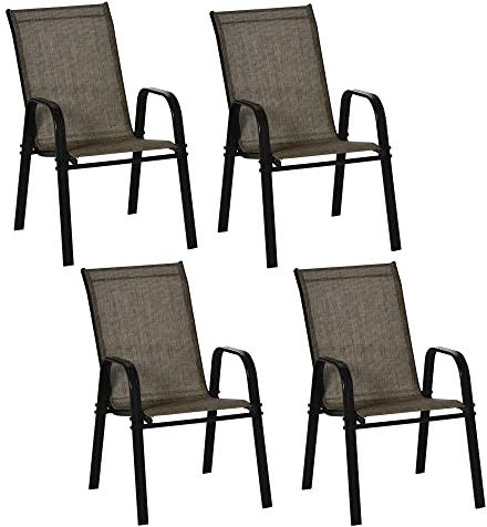Outsunny Set 4 Sedie da Giardino Impilabili con Braccioli, Sedie per Pranzo da Esterno in Metallo e Texteline Impermeabile, da Patio, Balcone, Terrazza, Esterno e Interno, 54x75.5x95cm, Marrone