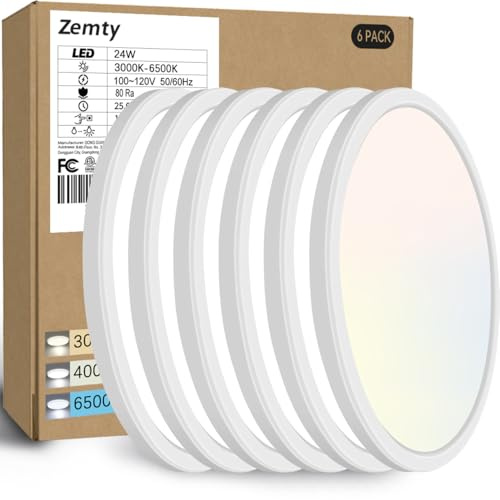 zemty 6Pack 12-Inch LED Flush Mount Ceiling Lights, 24W 3200Lumens 5 CCT Adjustable (3000K-6500K), Round Bright Light Fixture for Bedroom Kitchen Bathroom Hallway Closet(White)