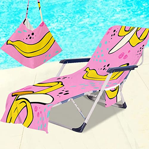 Surwin Sun Lounger Beach Towel with Pockets, Tropical Fruit Print 3D Summer Beach Chair Cover Chaise Lounge Towel Cover Mate Sunbed Towels For Holiday Garden Outdoor Pool (75x210cm,Banana)