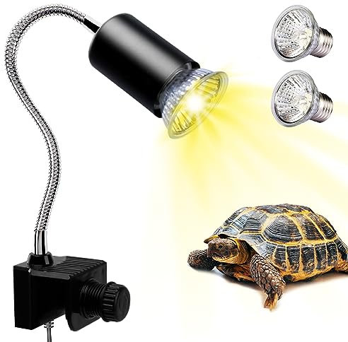 PewinGo Tortoise Heat Lamp, UVA UVB Light Reptile Kit for Terrapin Tank Vivarium, with 2*50w Basking Bulb and 360° Swivel Clamp Stand for Tortoise, Snake, Frog, Lizard, Chicks. Halogen, Yellow Light