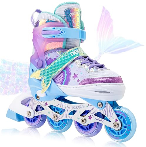 NEMONE Mermaid 4 Size Adjustable Inline Skates for Girls with 8 Light up Wheels, Purple Blue Roller Blades for Kids Youth, Beginner Skates Indoor Outdoor