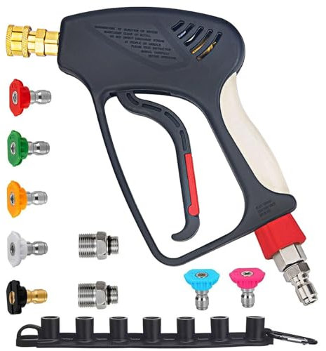 JWGJW Snubby Hochdruckreiniger-Pistole mit kurzem Griff und Drehgelenk, 6,35 mm Schnellanschluss, 3 Umwandlungsgelenke, kompatibel mit Schaumkanone (JW-500)