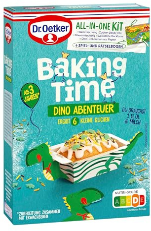 Dr. Oetker Baking Time Dino Abenteuer 4er Pack, 4 x 303 g, ab 3 Jahren, jeweils 6 kleine Kuchen, Backmischung inkl. Spiel- und Rätselbogen