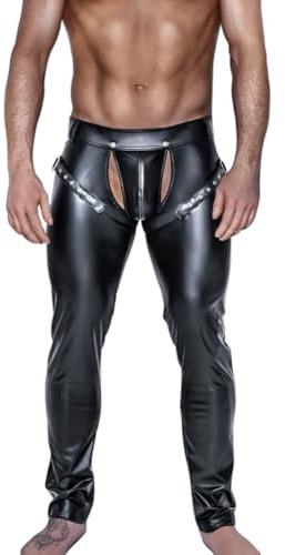 Moinha Herren Wetlook Skinny Hose Lack Leder Leggings Erotisch Offener Elastisch Lederhose Sexy Männer Unterwäsche Pants Strumpfhosen Lange Party Clubwear Fetisch BDSM Bondage Hose Ouvert-Dessous-XL