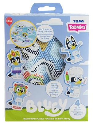 Tomy Toomies Bluey Bath Puzzle – blanda och matcha blåsigt pussel – skum småbarn badleksaker – inkluderar nätväska badleksak förvaring med sugkoppar – 8 antal – 18 månader och uppåt