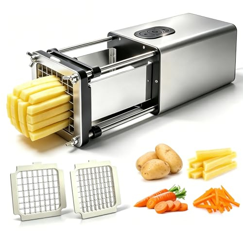 Elektrisk fransk stekskärare, fransk fritesskärare i rostfritt stål med 1/2 och 3/8 tums blad, pommes frites skärare för restauranger och hemmakök, för potatis, morötter, lök, gurkor, äpplen