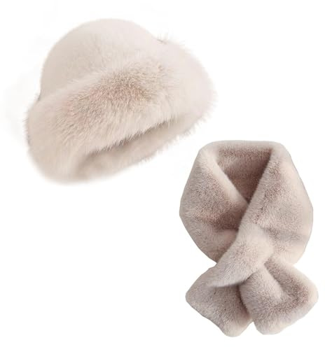 Gorro de esquí cálido con bufanda, gorro de invierno resistente al viento, térmico, unisex, gorros de piel sintética, peludo y esponjoso, gorros de invierno para senderismo, viajes (Beige)
