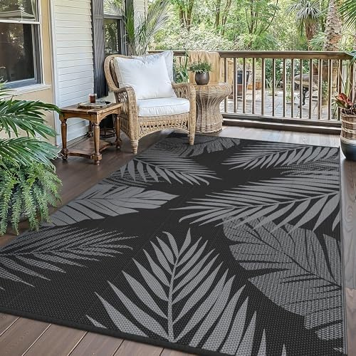 GENIMO Alfombra Exterior Terraza,Impermeable Reversible Plástico, Alfombra Barbacoa Exterior para Jardín, Picnic, Balcón, Hoja Negro Gris, 180 x 275 cm