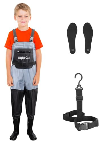 Night Cat Fishing Waders for Kids: Waterproof Hunting Chest Waders for Boys Girls With Boots Blue