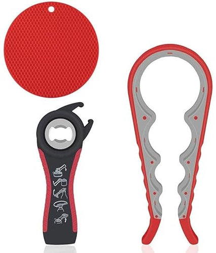 Canned Food Jar LId and Bottle Opener with Silicone Gripper for Children Elderly and Arthritis Sufferers 5 in 1 Kit