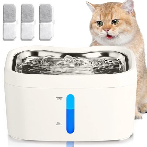 BUOAZR Fuente para Gatos, 2,5L Bebedero Gatos- Inoxidable Bandeja para Beber, Ultra Silenciosa, Fácil de Limpiar, con luz LED - Sistema de Filtración Cuádruple - Mantiene el Agua Fresca