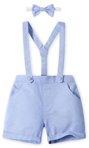 Volunboy Barn Shorts med hängslen, pojkar sommar casual linneshorts med fluga 3 delar, Ljusblå, 3-4 �r